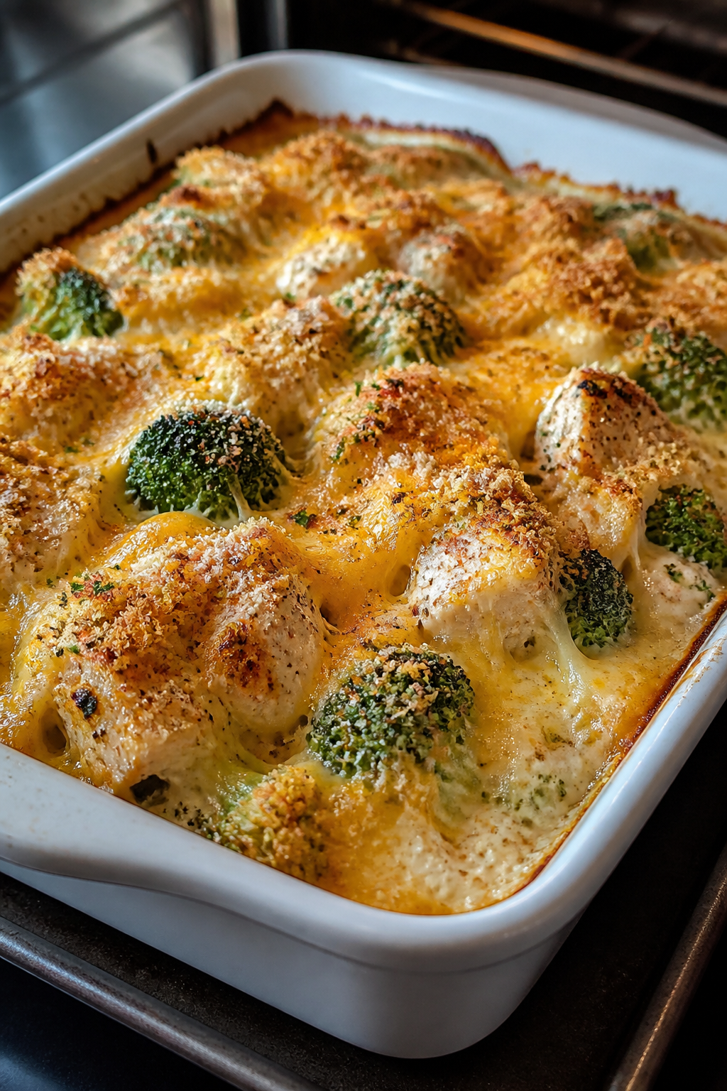Cooking process close-up: Golden, bubbling Cheesy Chicken Broccoli Protein Bake just after broil, sh