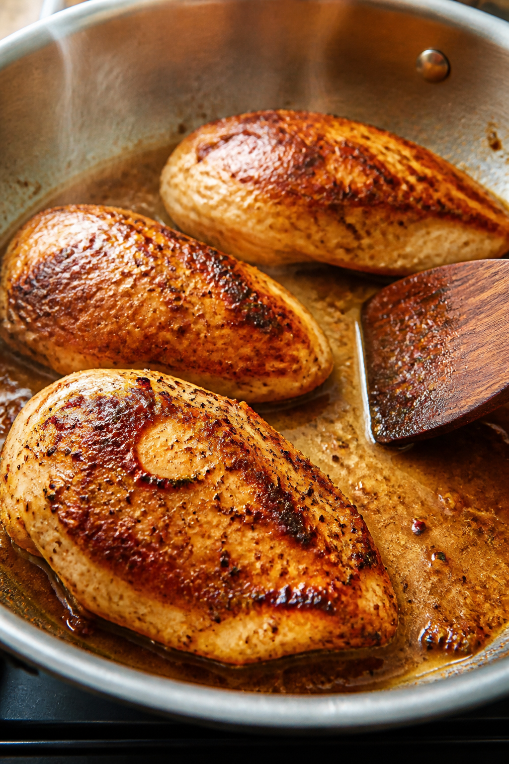 Cooking process, close-up: Golden-seared chicken breast pieces in a large stainless skillet, edges c