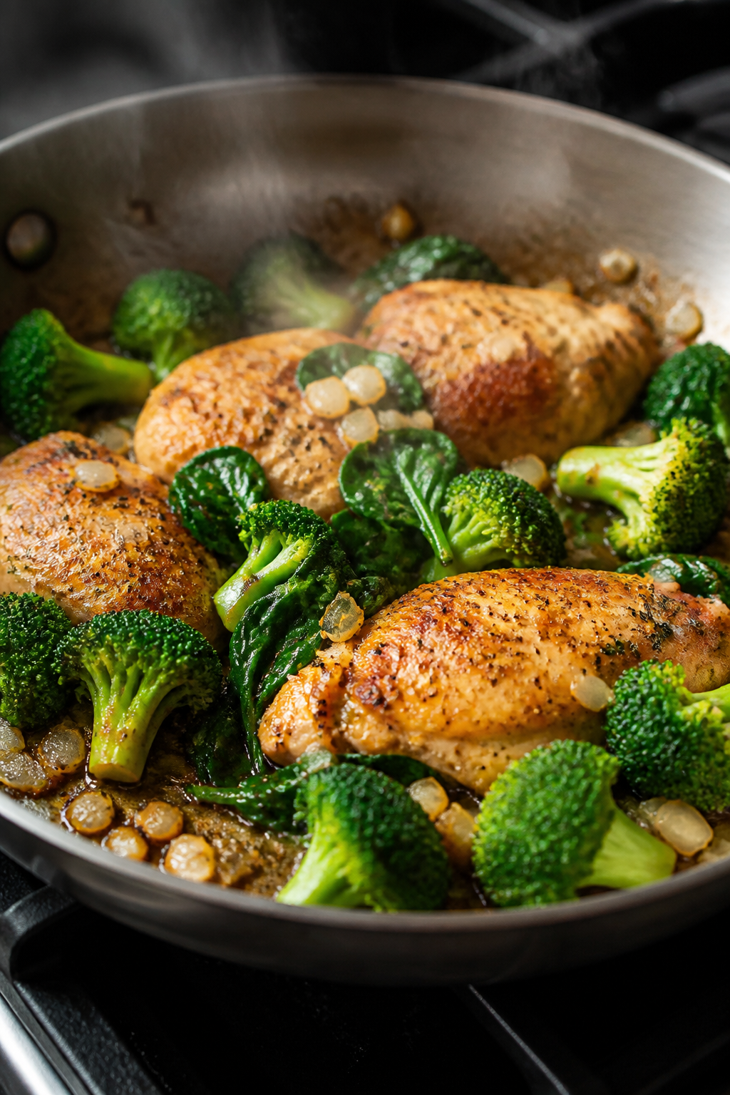 Cooking process close-up: Golden-seared chicken breast pieces in a large stainless skillet with cara