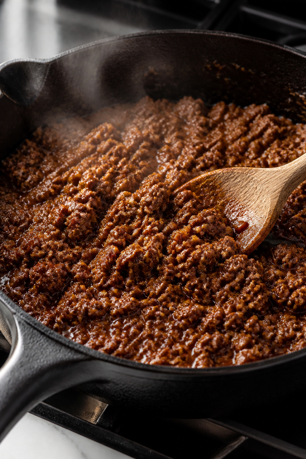 Cooking process, close-up: Ground beef sizzling in a cast-iron skillet, browned and glossy after bei
