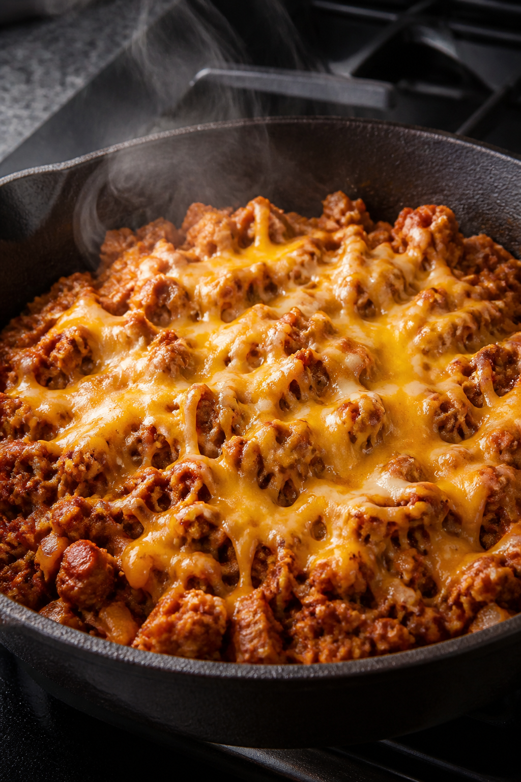 Cooking process close-up: Ground chicken cheeseburger mixture sizzling in a cast-iron skillet right 