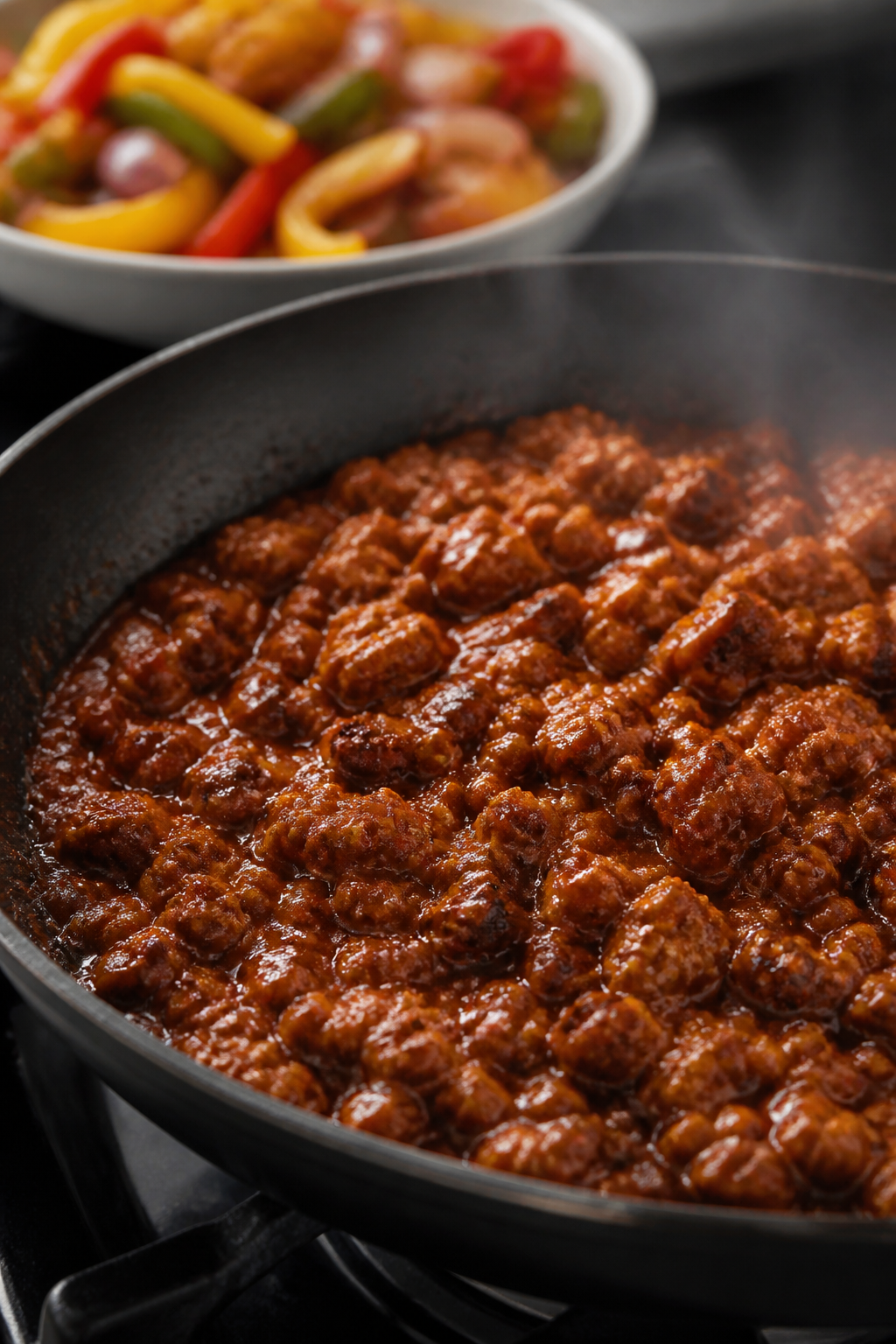 Cooking process close-up: Ground turkey browning in a large skillet, coated in a glossy BBQ sauce wi