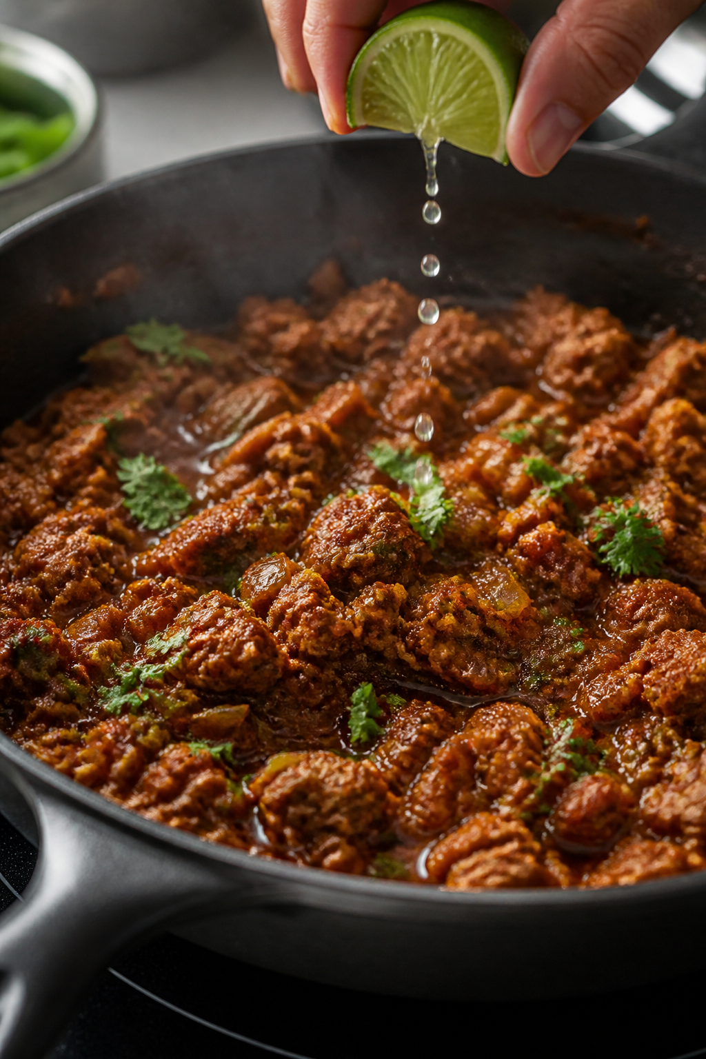 Cooking process close-up: Ground turkey sizzling in a skillet after browning, coated in a rich, bric