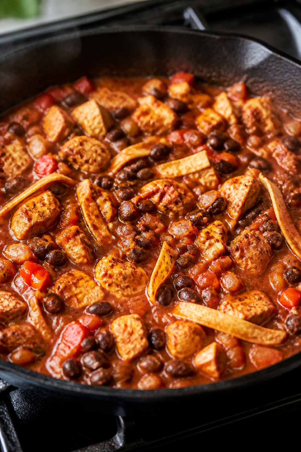 Cooking process close-up: In a large black cast-iron skillet, saucy chicken enchilada mixture simmer