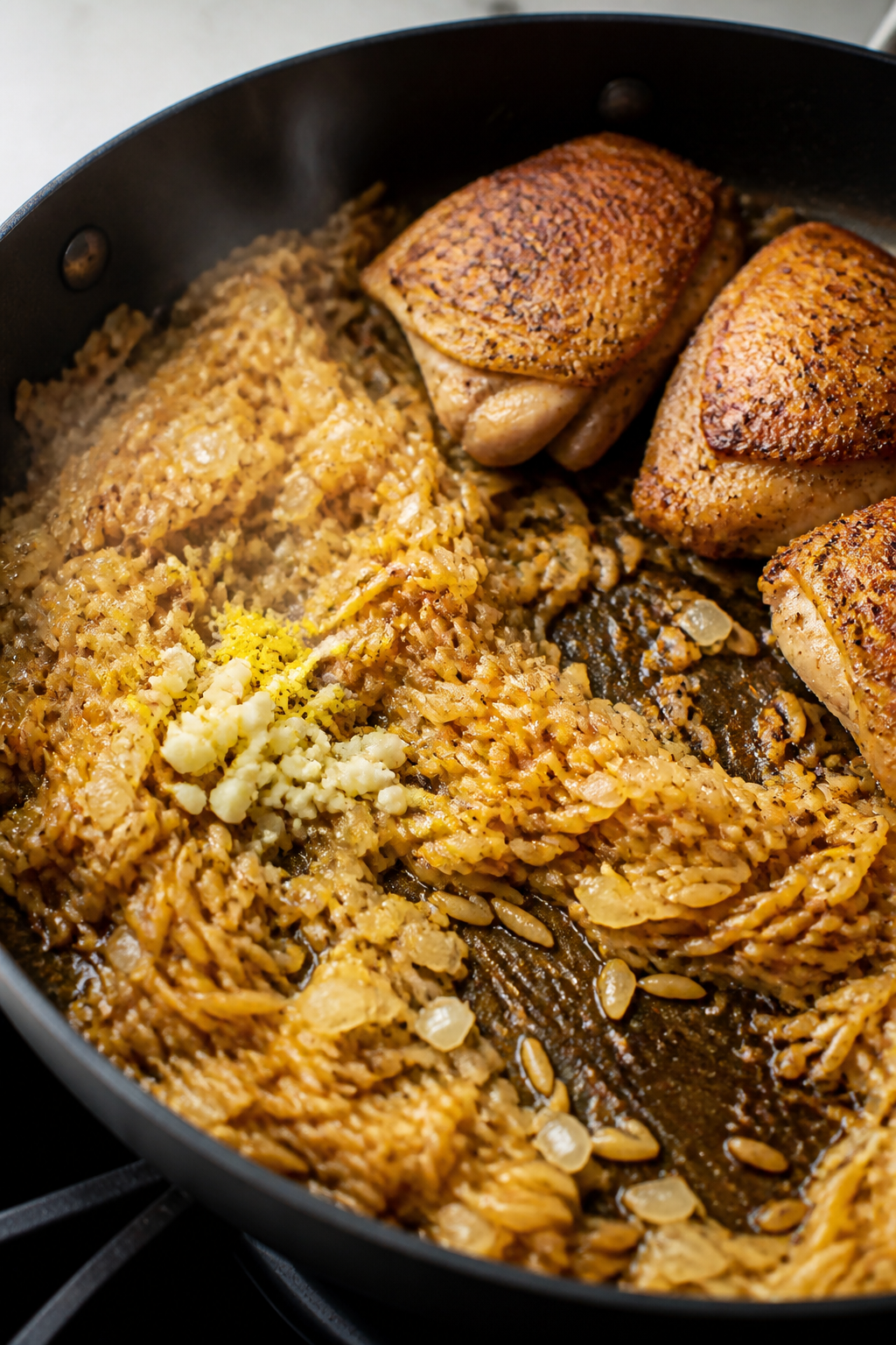 Cooking process close-up: In a large, deep skillet on the stovetop, golden-browned chicken thigh pie
