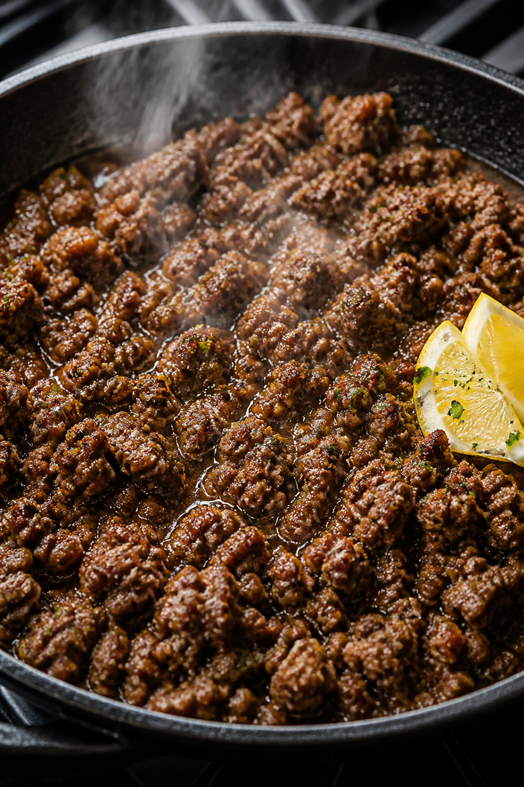 Cooking process – close-up: Juicy, browned lean ground beef sizzling in a black skillet, coated wi