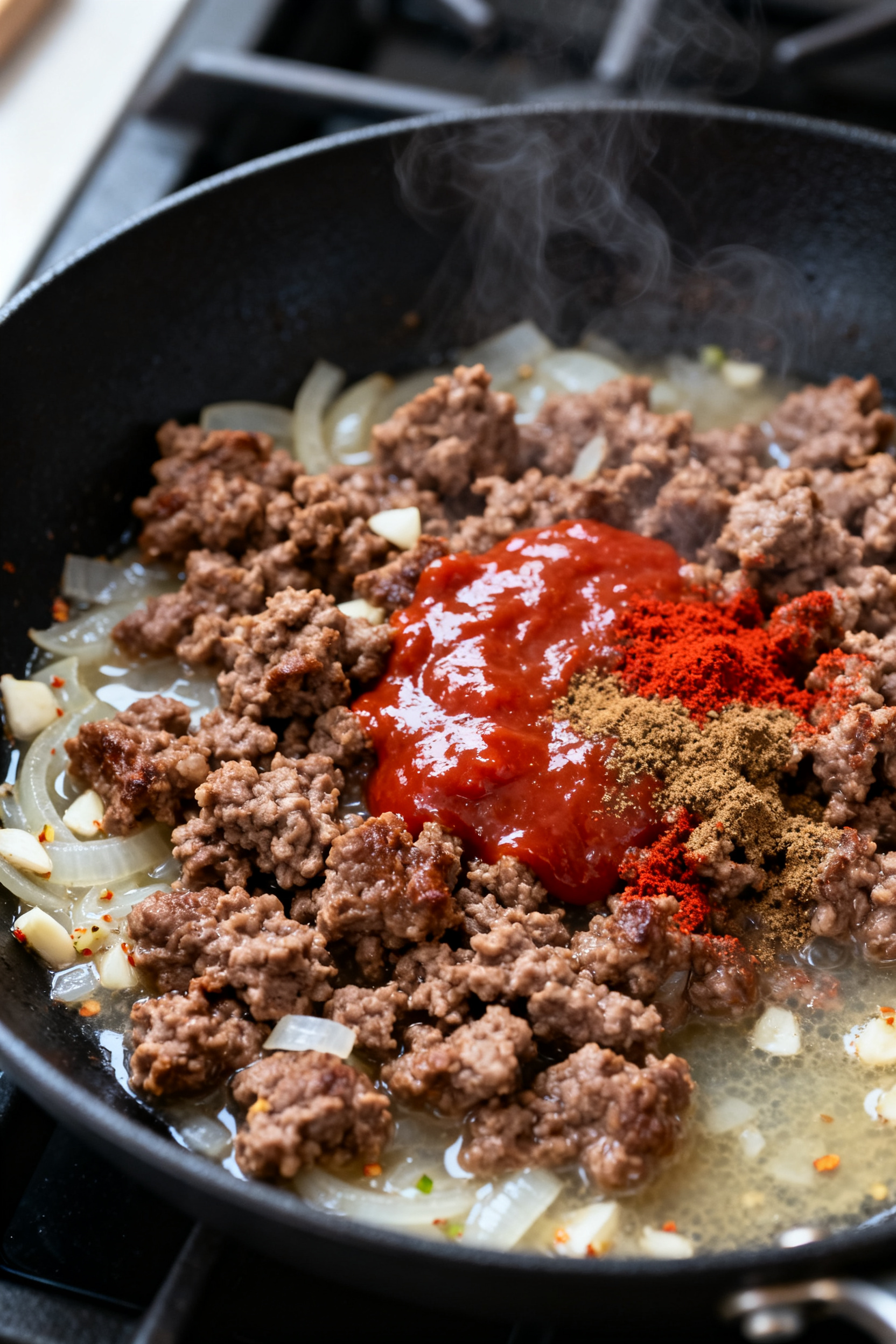 Cooking process close-up: Juicy, browned lean ground beef sizzling in a skillet with translucent sau