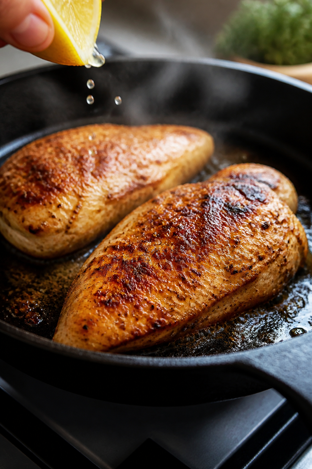 Cooking process close-up: Juicy, golden-brown chicken breasts sizzling in a cast-iron skillet, seaso