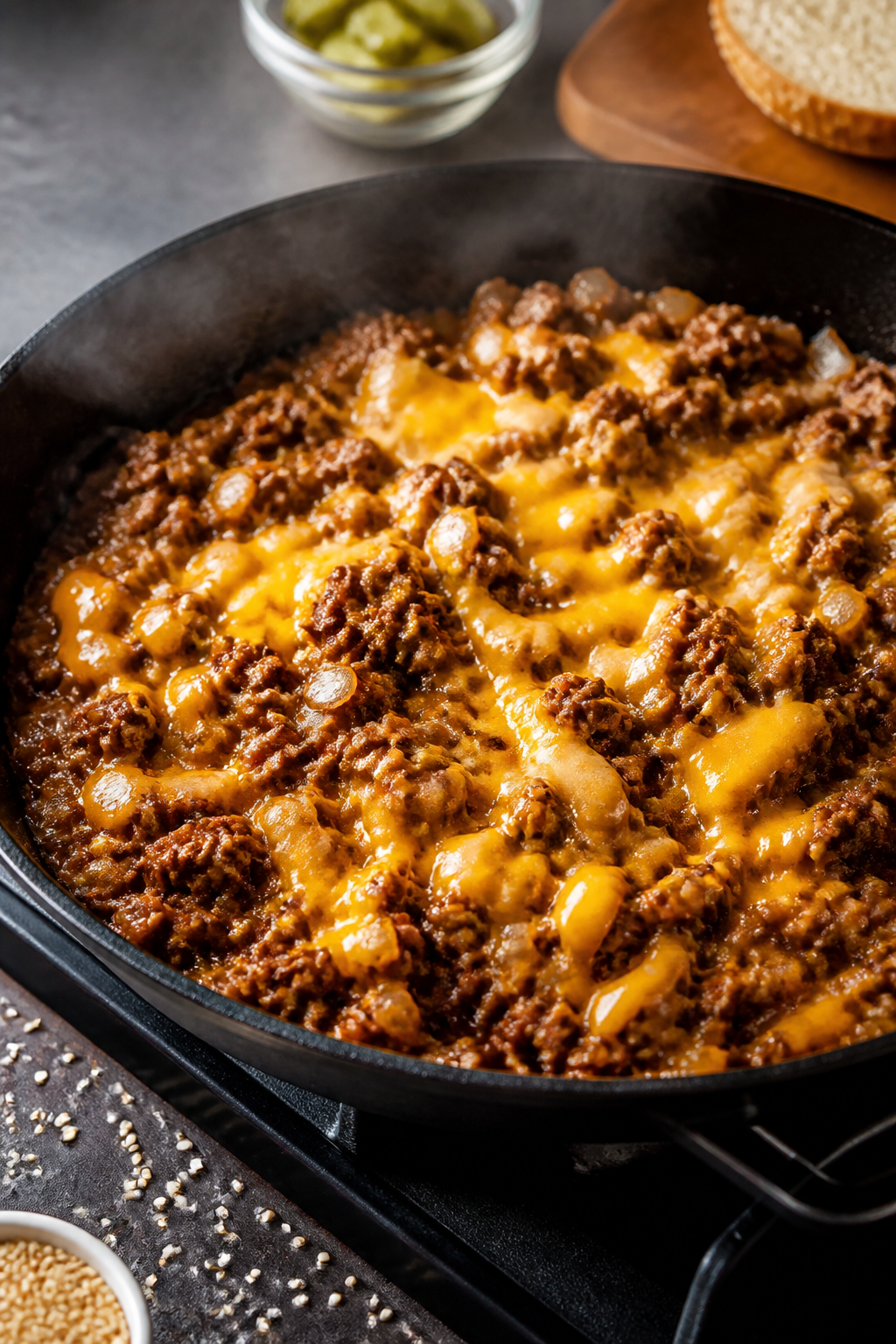 Cooking process close-up: Juicy ground beef sizzling in a large skillet with diced yellow onion, bro