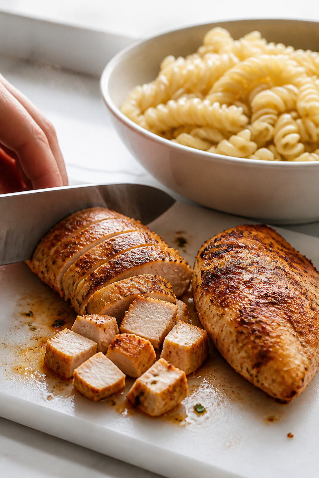Cooking process close-up: Juicy, just-seared chicken breast being sliced into bite-size cubes on a w