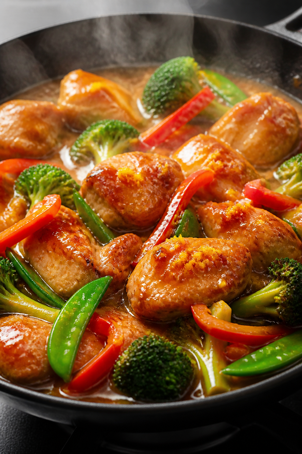 Cooking process close-up: Juicy seared chicken pieces tossed back into a skillet of bubbling, glossy