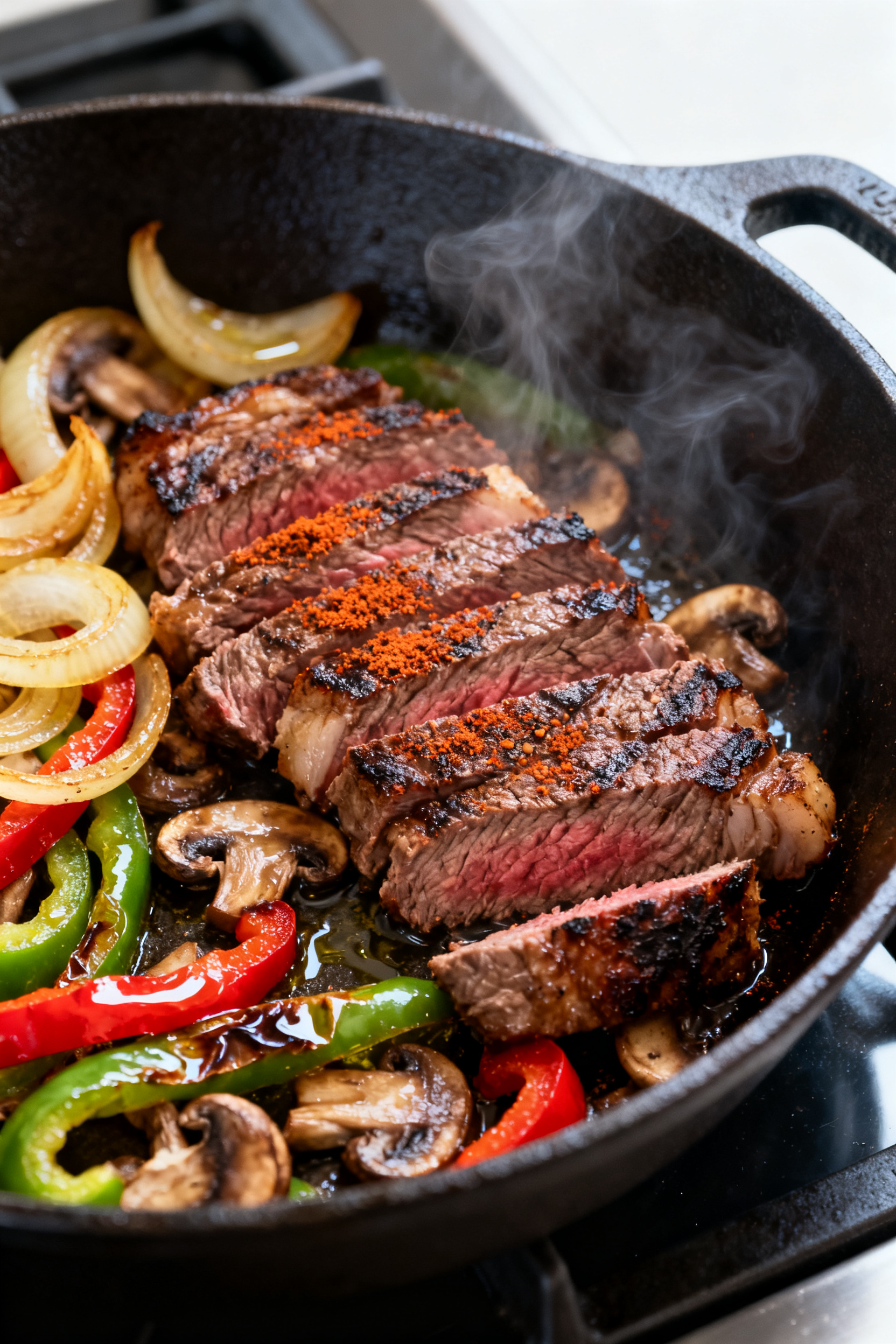Cooking process close-up: Juicy, thin-sliced sirloin searing in a cast-iron skillet at medium-high h