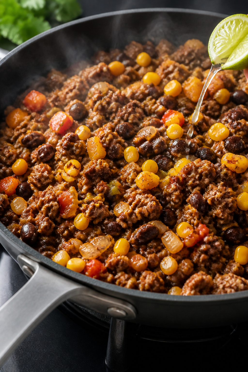 Cooking process close-up: Lean ground beef browned with sautéed diced onions and bell peppers in a