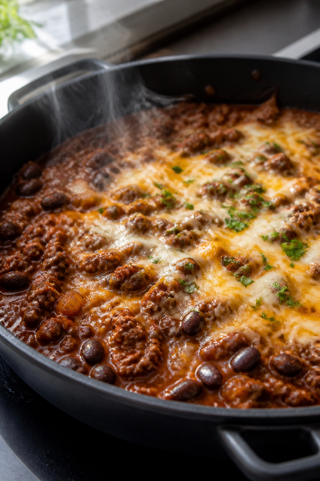 Cooking process, close-up: Lean ground beef browning in a wide skillet with sautéed yellow onions a