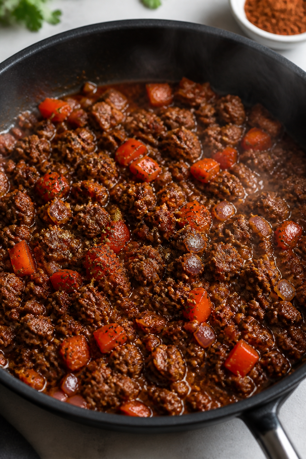 Cooking process close-up: Lean ground beef browning in a wide skillet with diced red onion, red bell