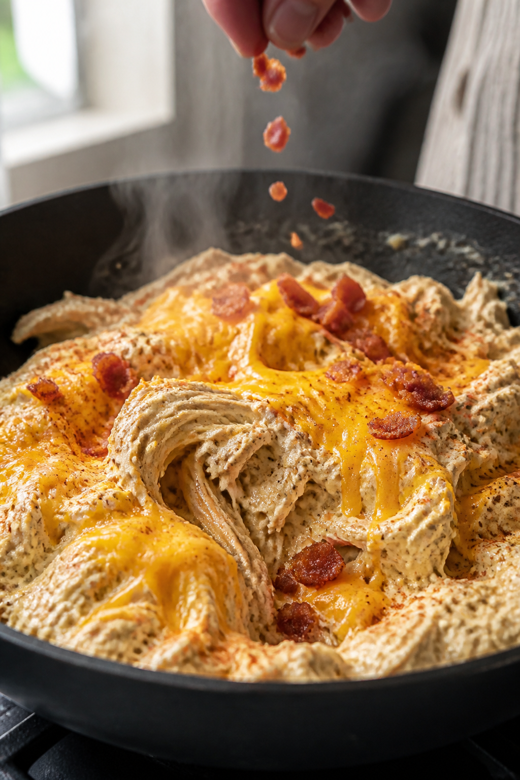 Cooking process close-up: Melted cheddar folding into shredded chicken coated in a creamy ranch sauc
