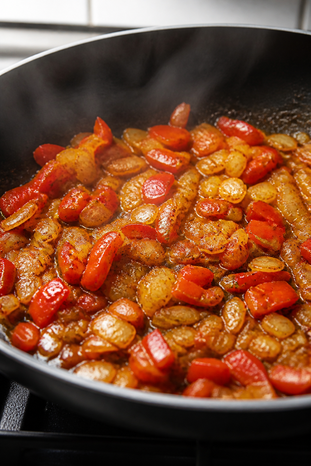 Cooking process close-up: Sautéed onion and red bell pepper softening in a skillet, spices just add