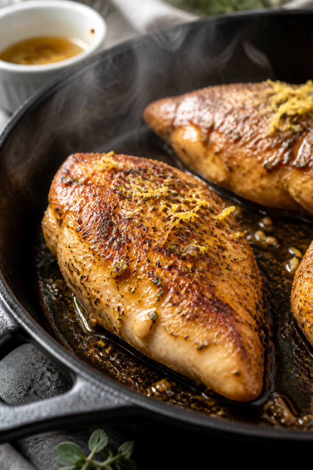 Cooking process, close-up sear: Juicy Mediterranean chicken breasts sizzling on a preheated cast-iro