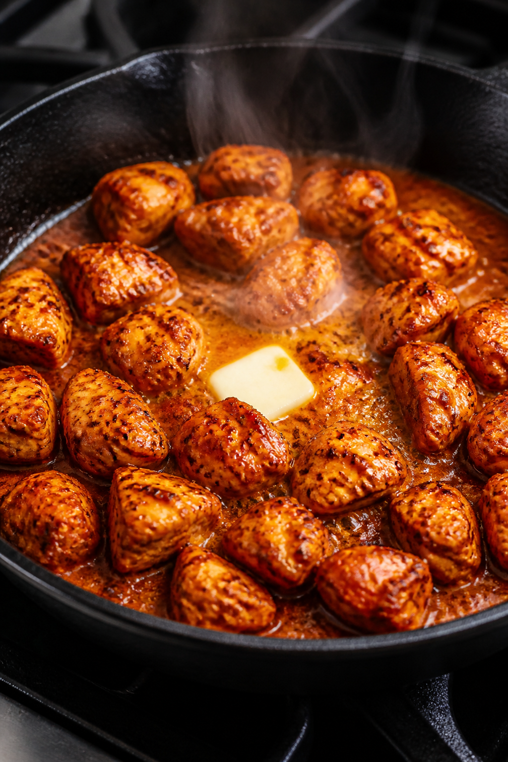 Cooking process, close-up: Searing bite-size chicken pieces in a cast-iron skillet, coated in glossy