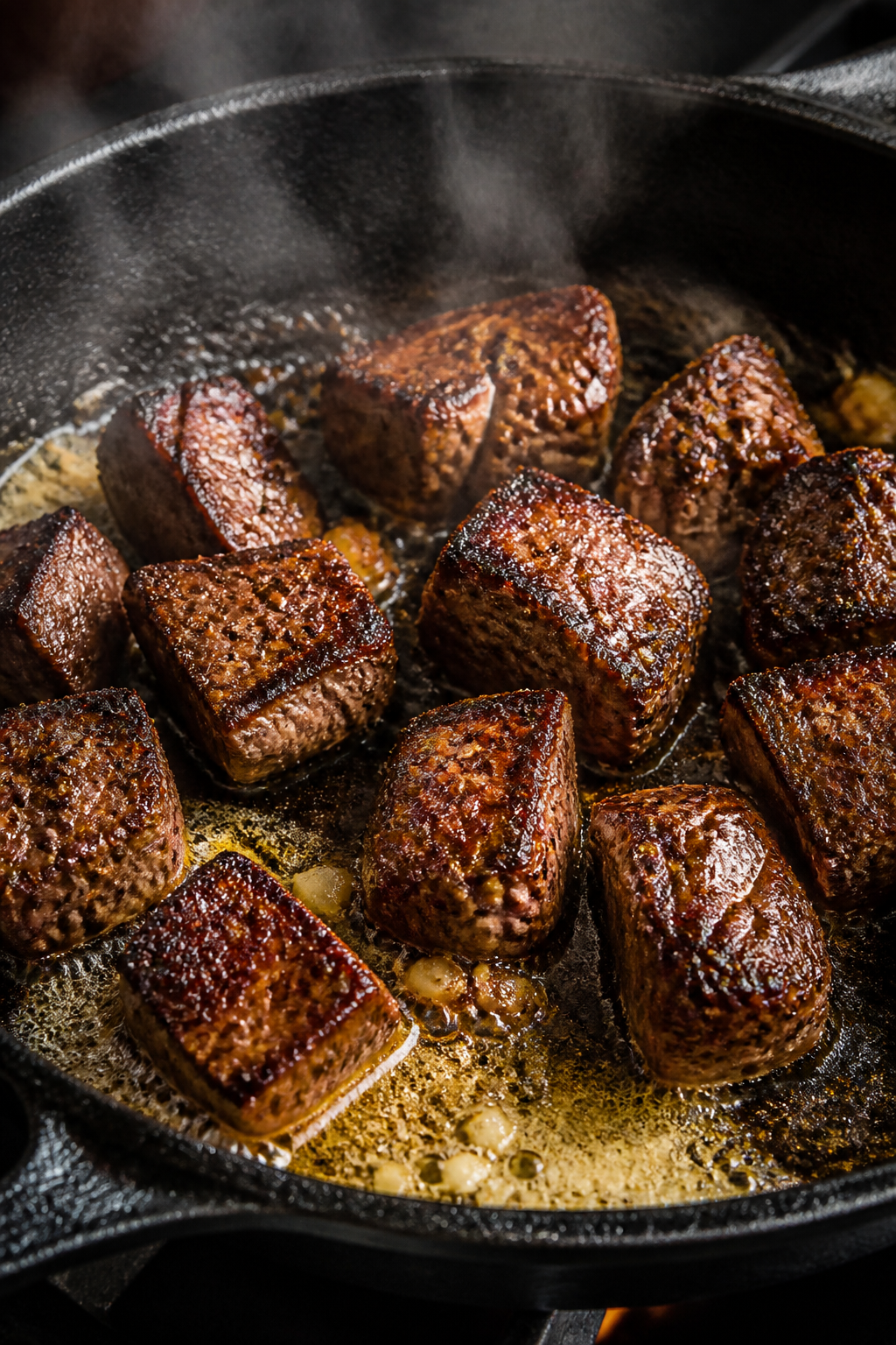 Cooking process close-up: Searing bite-size sirloin steak cubes in a scorching hot cast-iron skillet