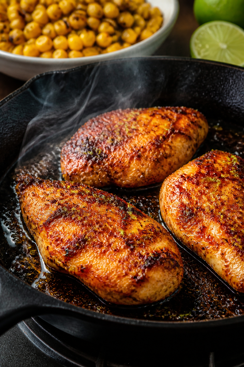 Cooking process close-up: Searing chili-lime marinated chicken breasts in a hot cast-iron skillet, g