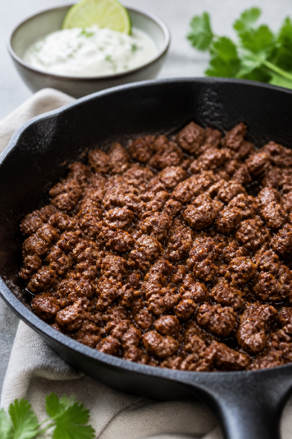 Cooking process close-up: Seasoned lean ground beef sizzling in a cast-iron skillet, browned and cru