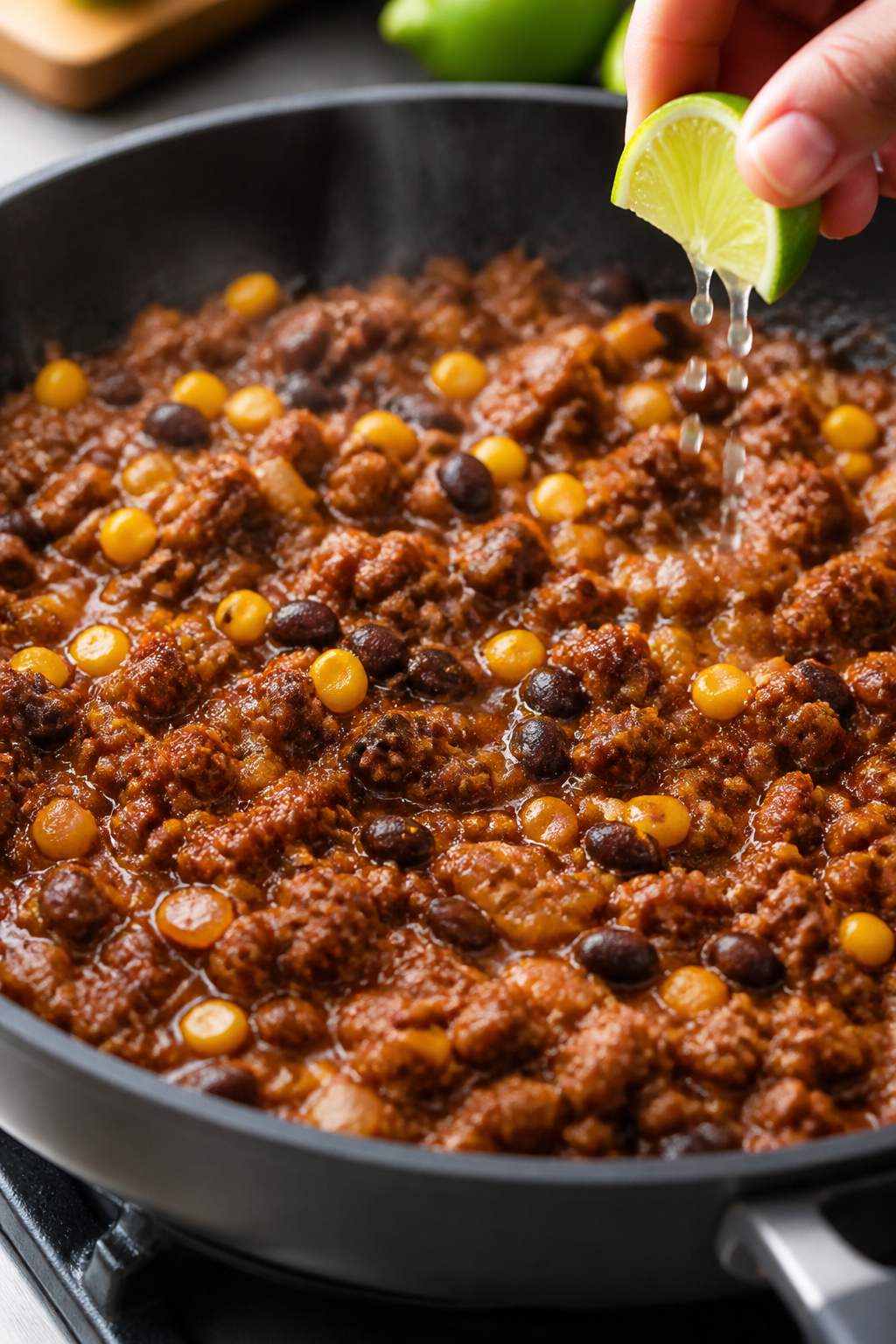 Cooking process close-up: Seasoned taco beef simmering in a wide skillet after browning, glossy from