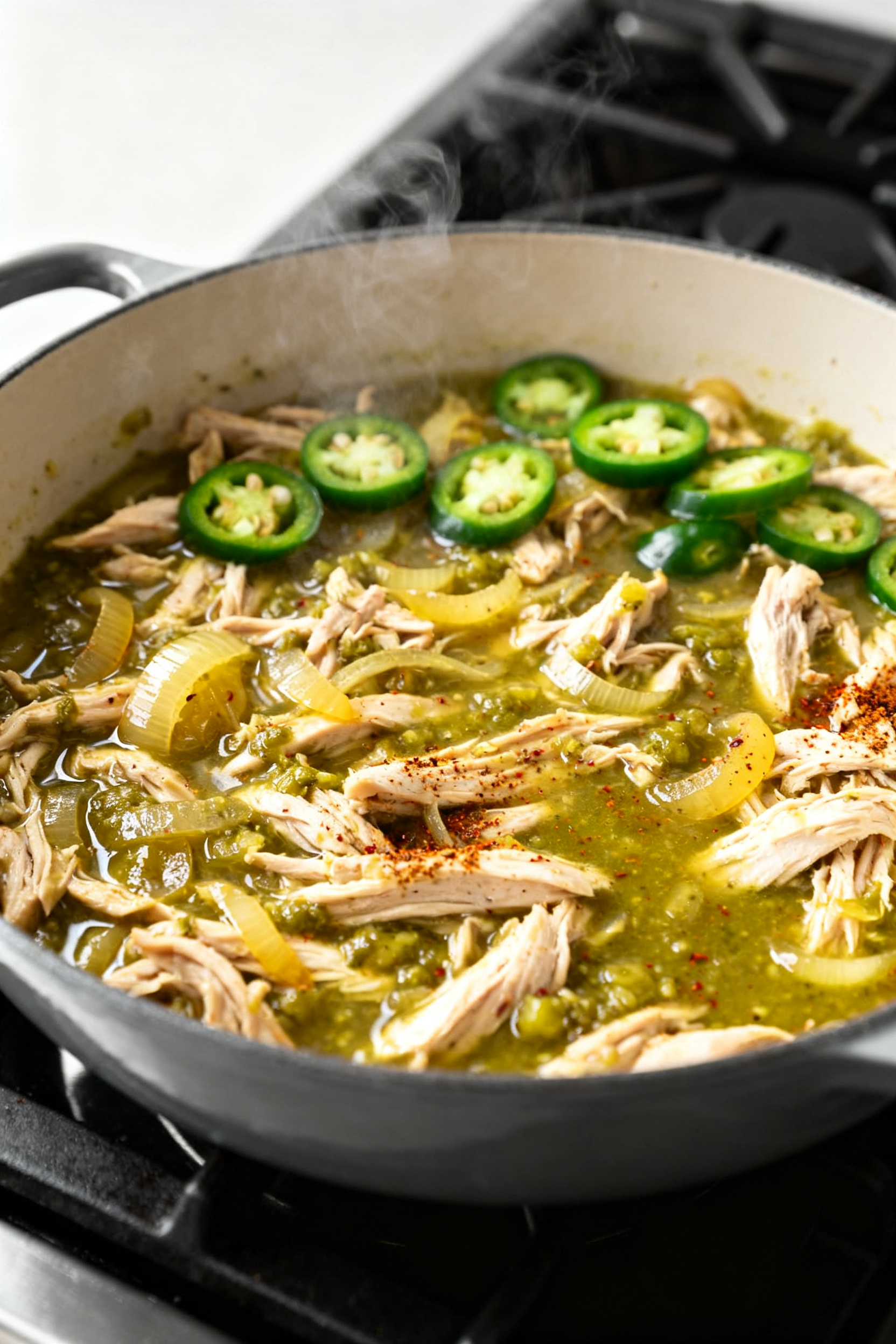 Cooking process, close-up: Shredded salsa verde chicken simmering in a shallow Dutch oven, tender st