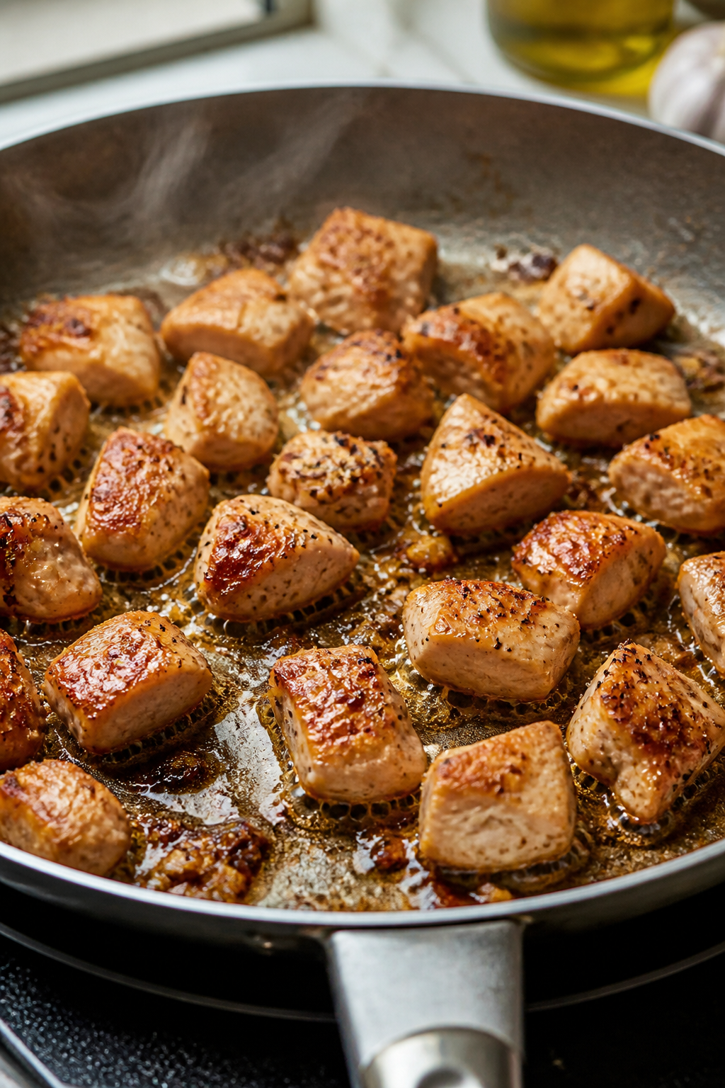 Cooking process, close-up: Sizzling bite-size chicken pieces searing in a large skillet with a gloss