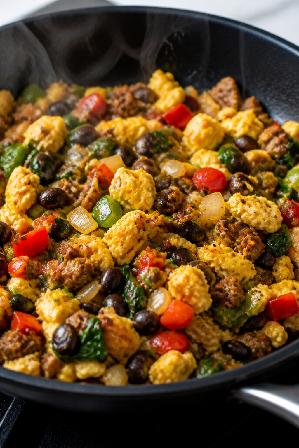 Cooking process, close-up: Sizzling breakfast burrito filling in a nonstick skillet — fluffy just-