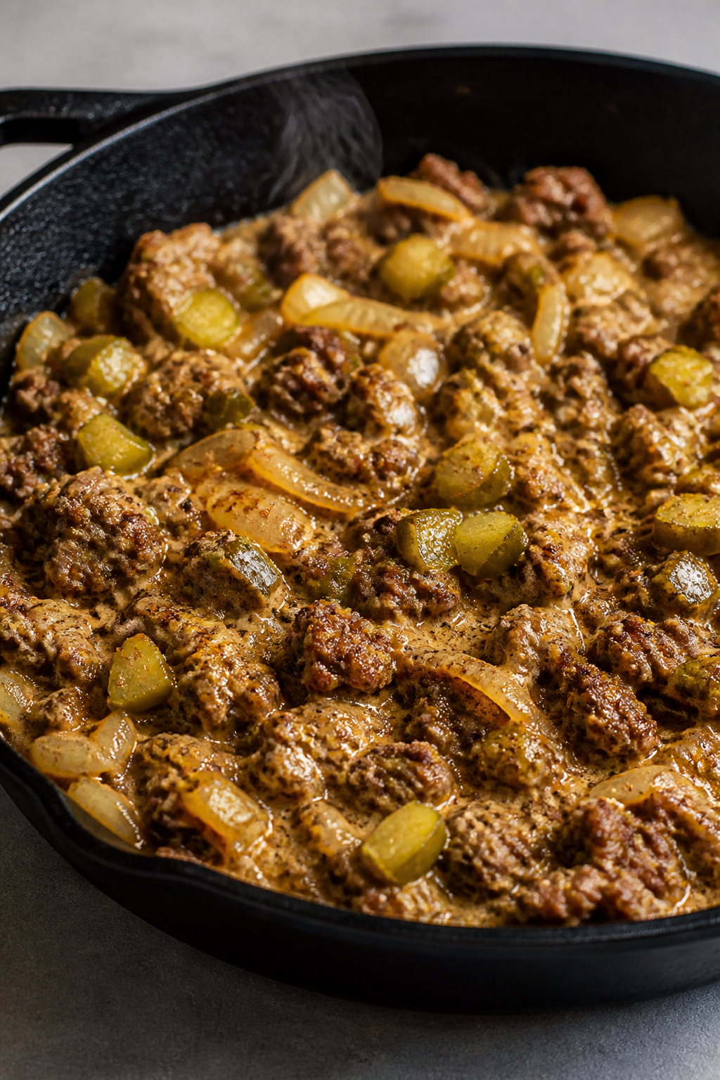 Cooking process close-up: Sizzling browned ground beef and sautéed onions in a cast-iron skillet, c