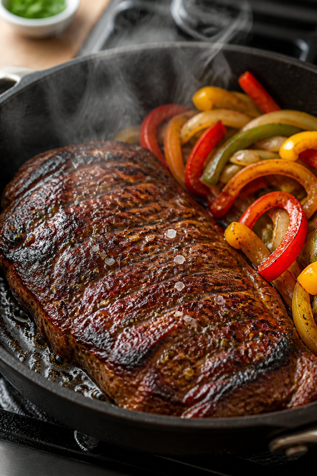 Cooking process close-up: Sizzling flank steak in a hot cast-iron skillet, surface deeply seared wit