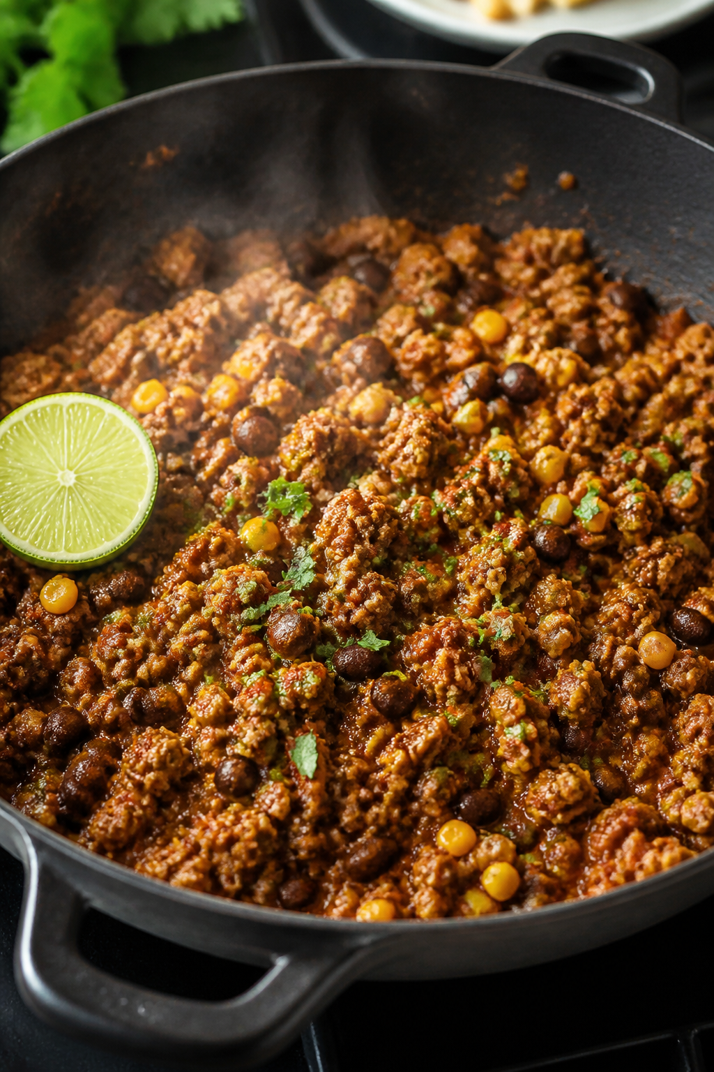 Cooking process close-up: Sizzling ground turkey taco filling in a large skillet, turkey browned and