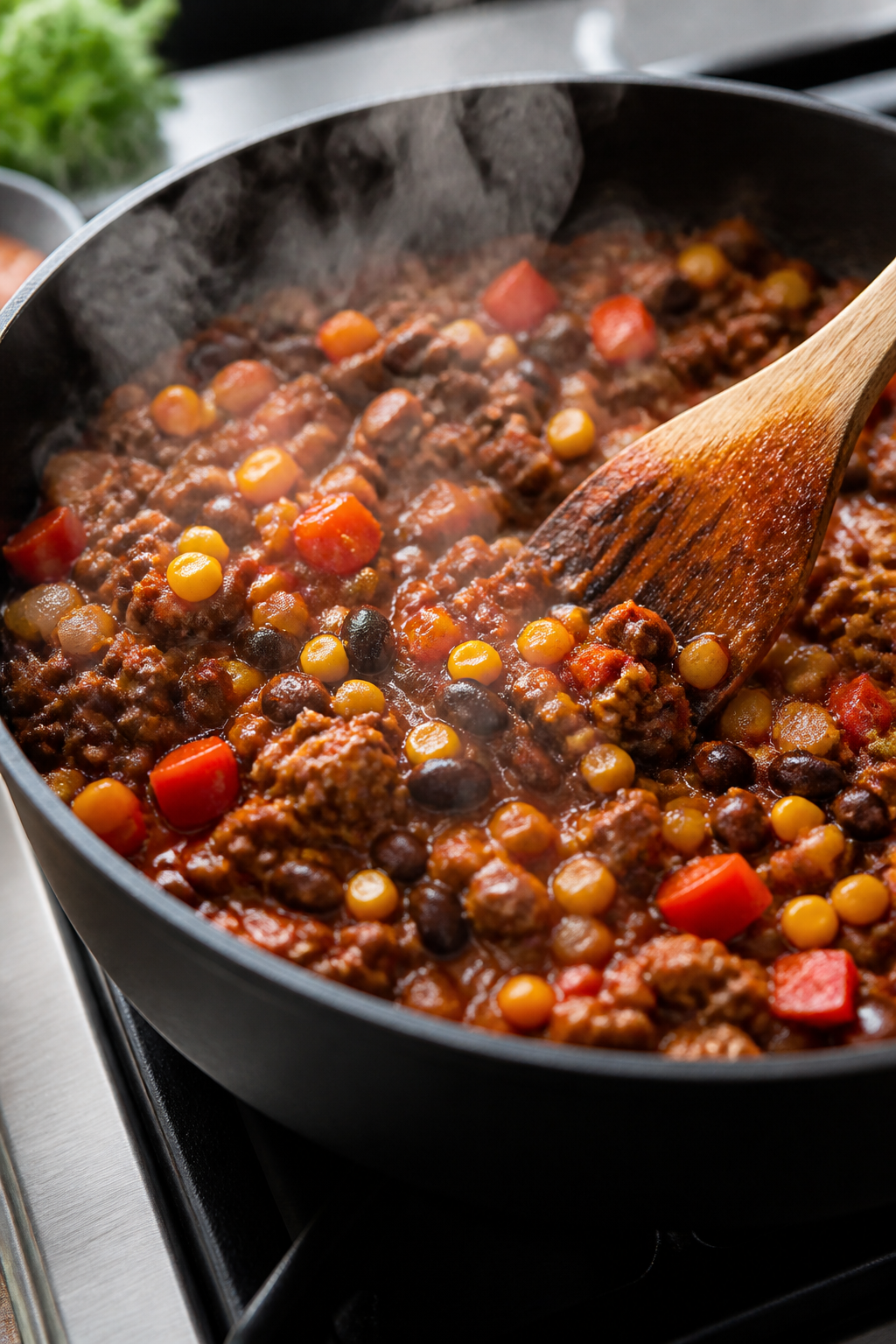 Cooking process close-up: Sizzling seasoned ground beef with diced onions and red bell peppers in a 
