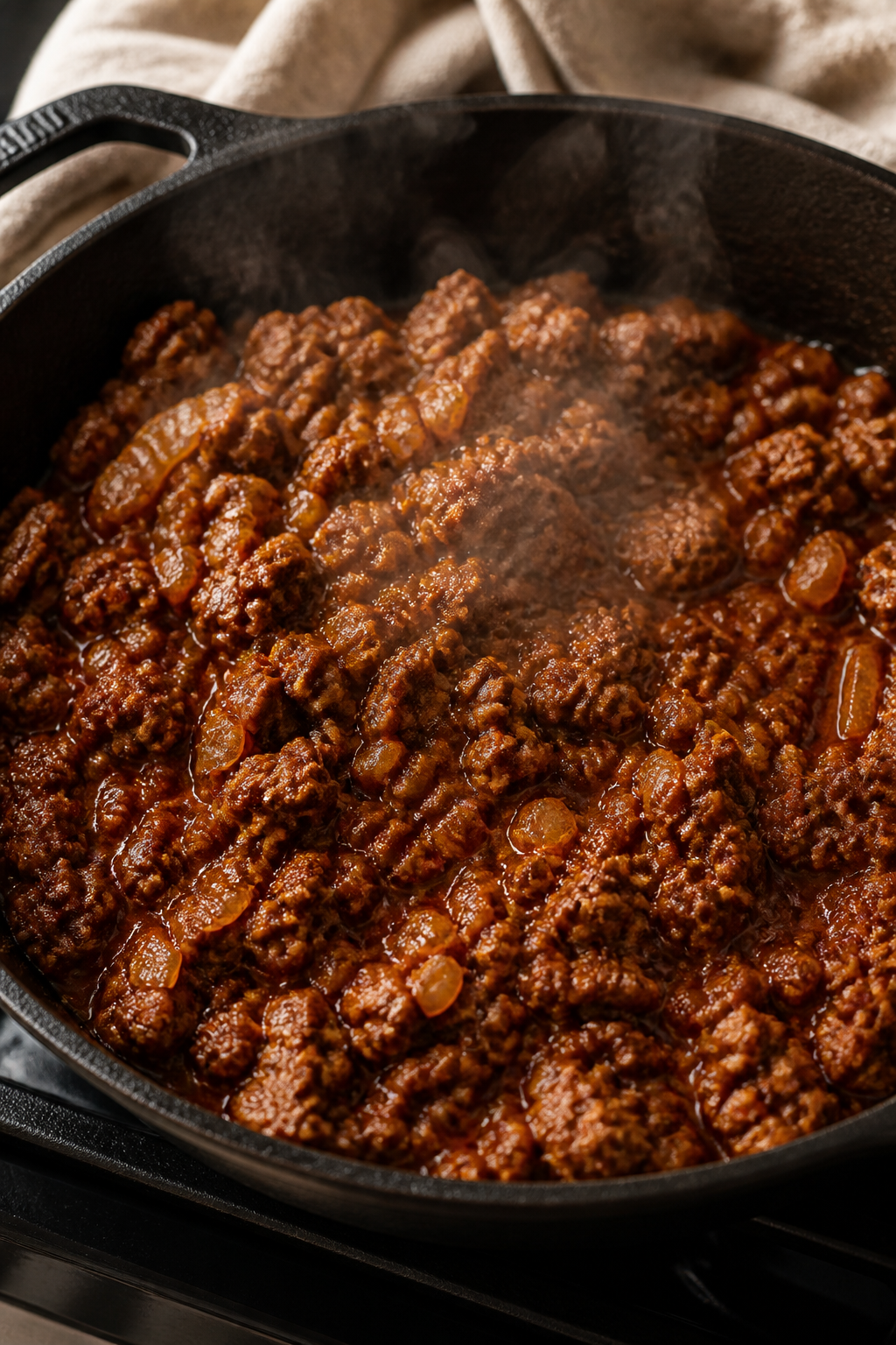 Cooking process close-up: Sizzling seasoned lean ground beef in a black cast-iron skillet, saucy and