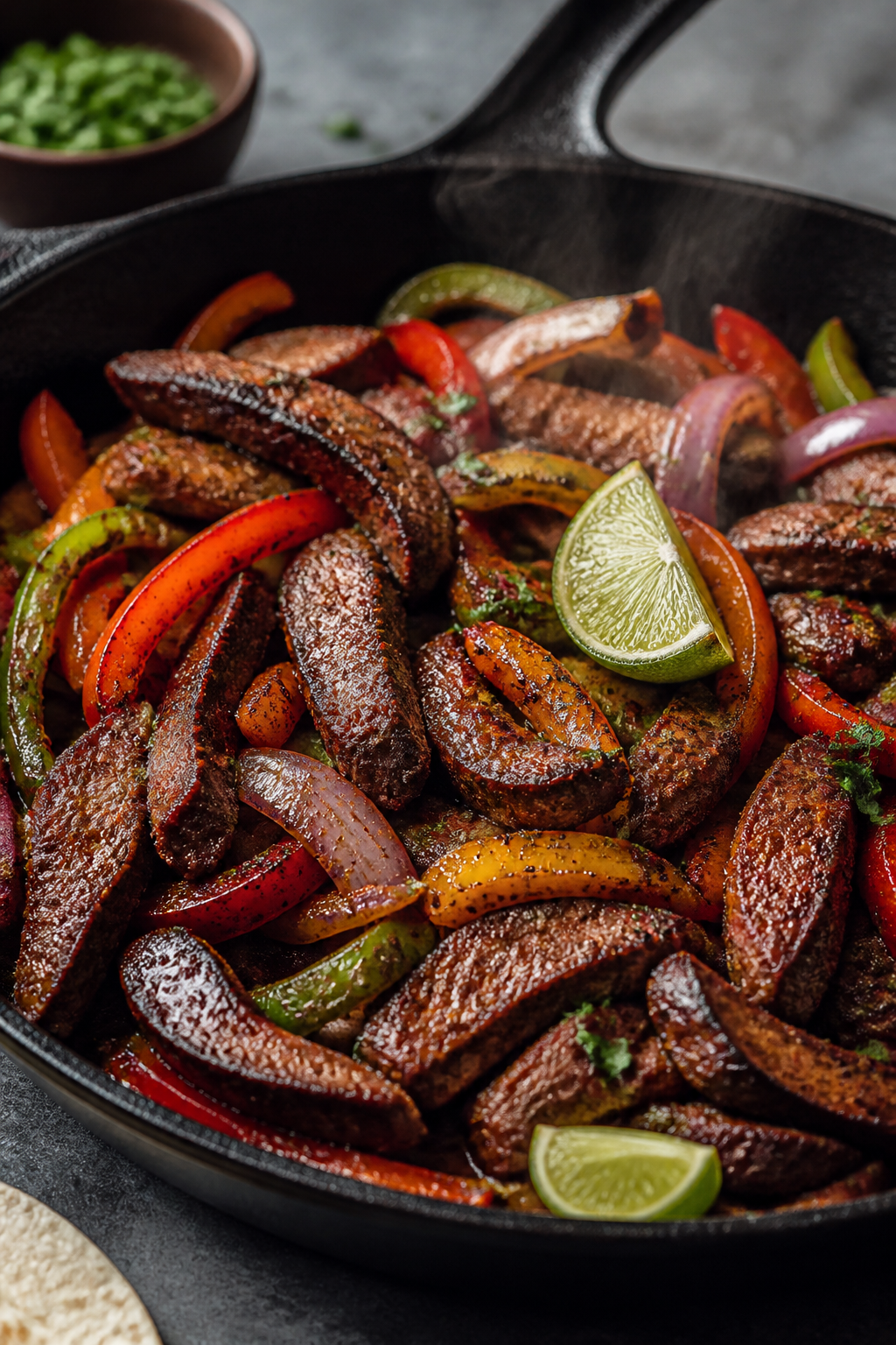 Cooking process close-up: Sizzling strips of seared flank steak and charred bell peppers with red on