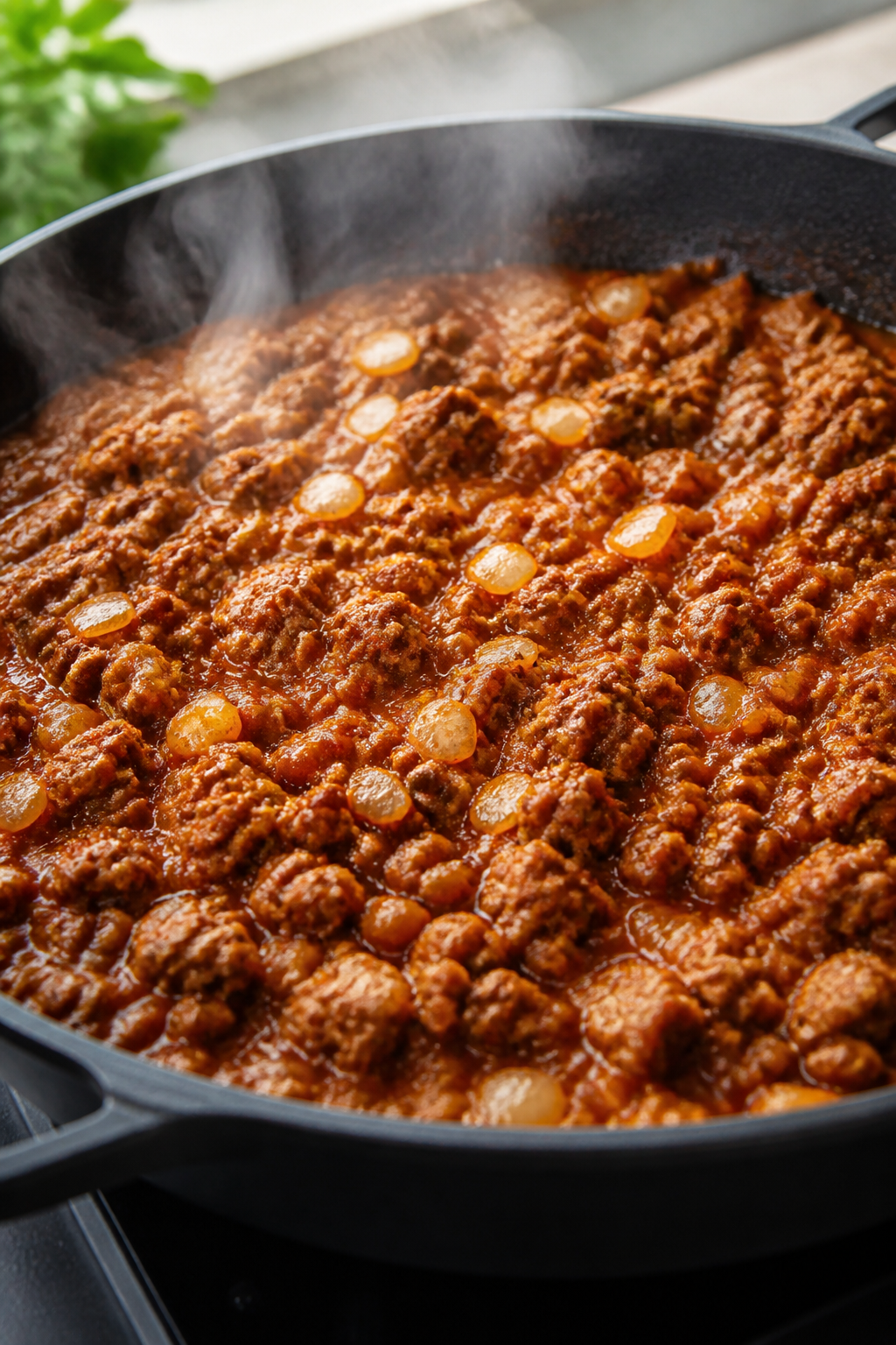 Cooking process close-up: Sizzling taco-seasoned ground beef in a wide skillet with diced onions and
