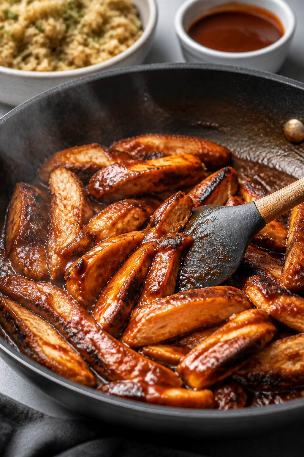 Cooking process close-up: Sliced grilled BBQ chicken being tossed in a skillet with glossy sauce to 