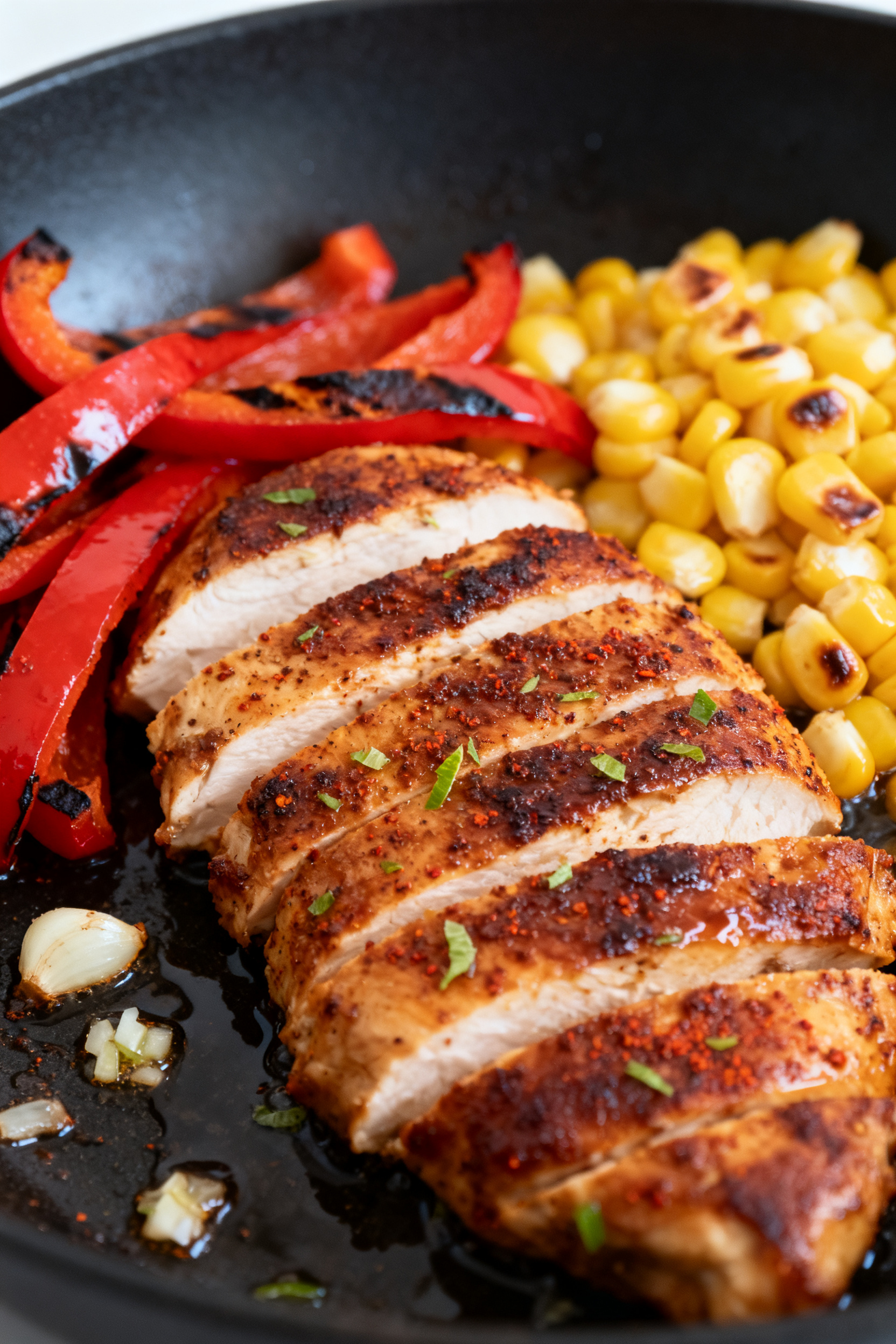 Cooking process close-up: Sliced, spice-rubbed chicken searing in a hot skillet until deeply browned