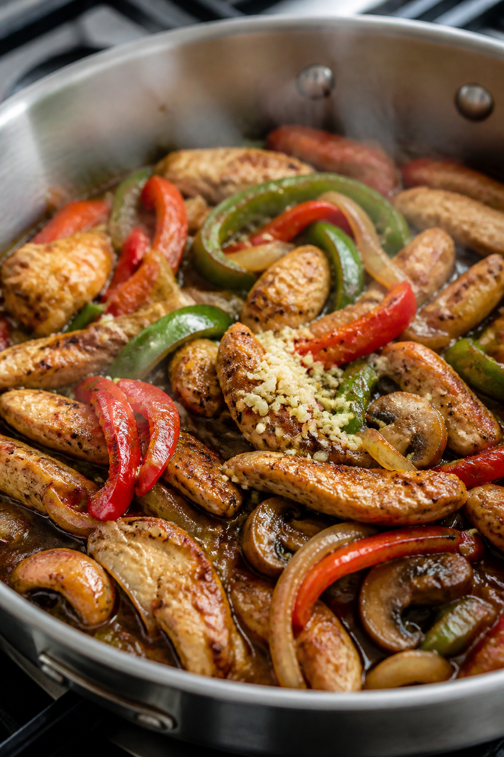Cooking process close-up: Thin-sliced chicken and sautéed peppers-onions-mushrooms sizzling togethe
