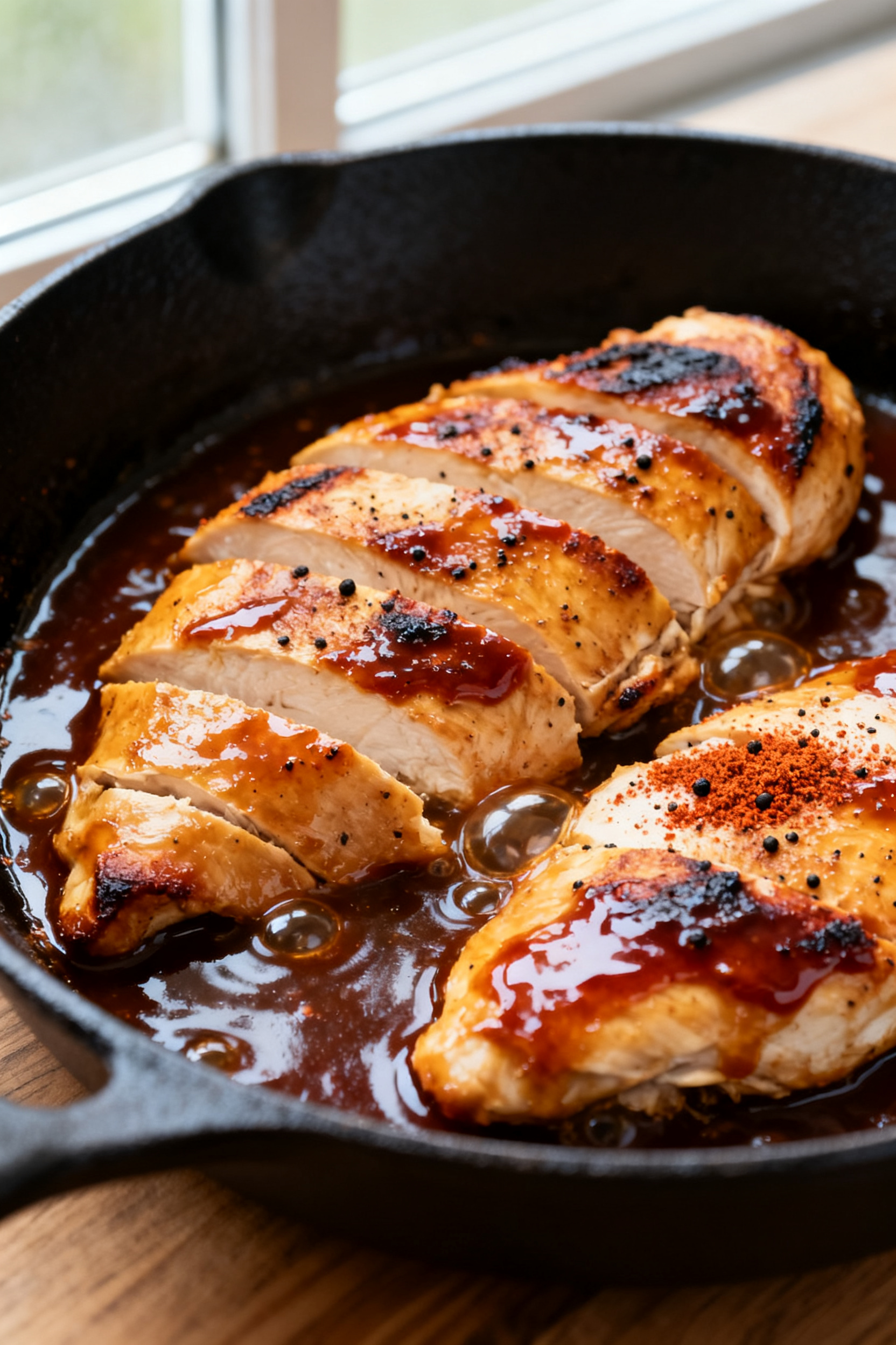 Cooking process – Glazed BBQ chicken in skillet: Sliced, golden-seared chicken breasts simmering i