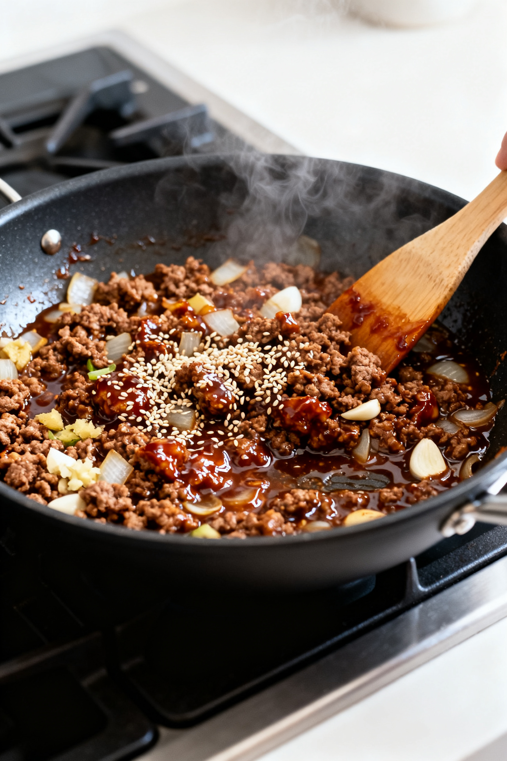 Cooking process — Glossy Korean-style ground beef glazing in a wide skillet: browned crumbles with