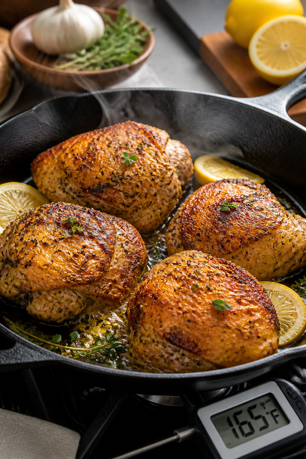Cooking process: Golden, lemon-garlic marinated chicken thighs searing in a hot cast-iron skillet, d