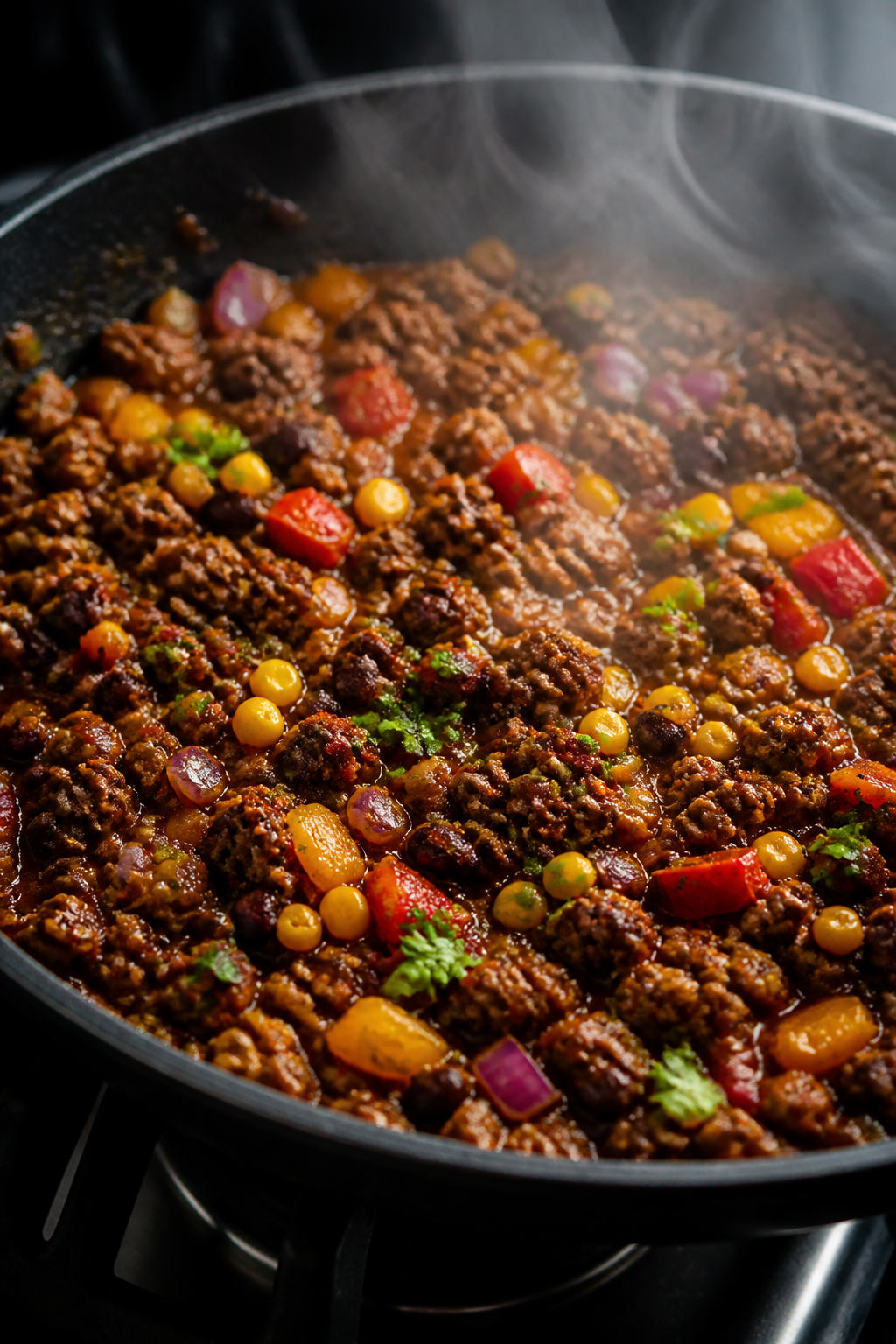Cooking process: Ground beef burrito filling sizzling in a wide skillet, beef browned and crumbled w