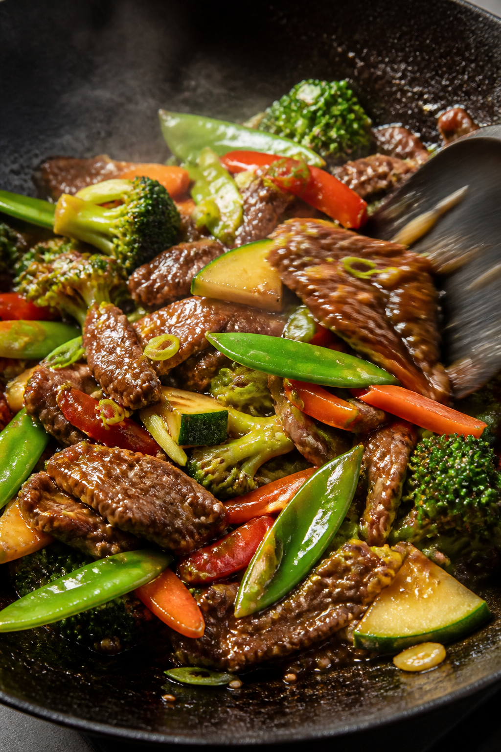 Cooking process, high-heat sear: Sizzling wok shot of thinly sliced beef and glossy stir-fry sauce j