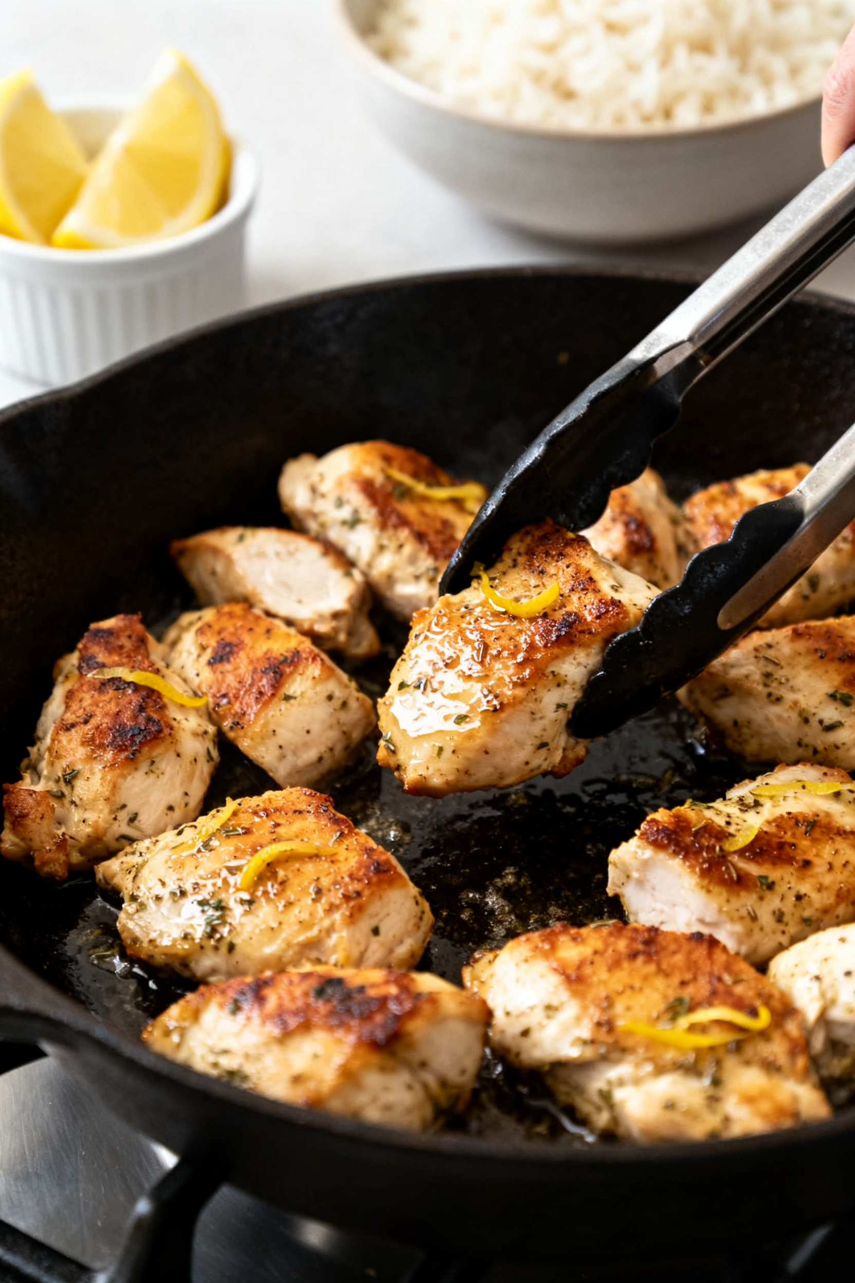 Cooking process – Marinated Greek chicken sizzling in a cast-iron skillet, golden-brown sear with