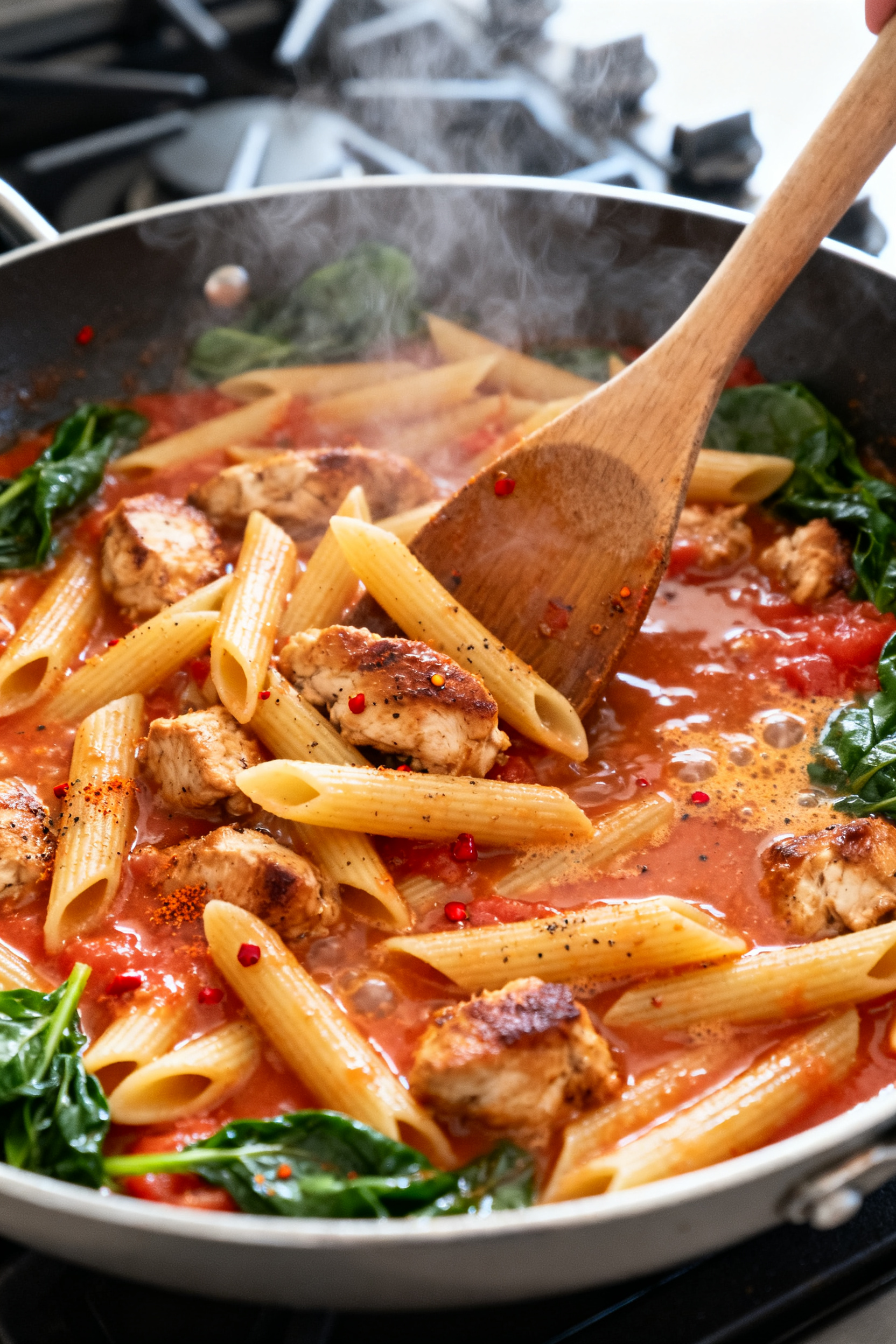 Cooking process — One-pot high protein chicken pasta simmering in a wide, heavy-bottomed skillet: