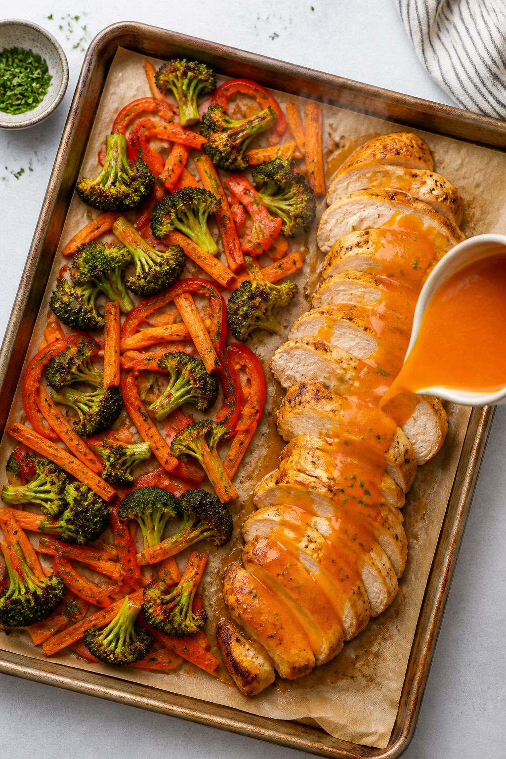 Cooking process: Overhead shot of a hot sheet pan fresh from the oven with roasted broccoli, red bel