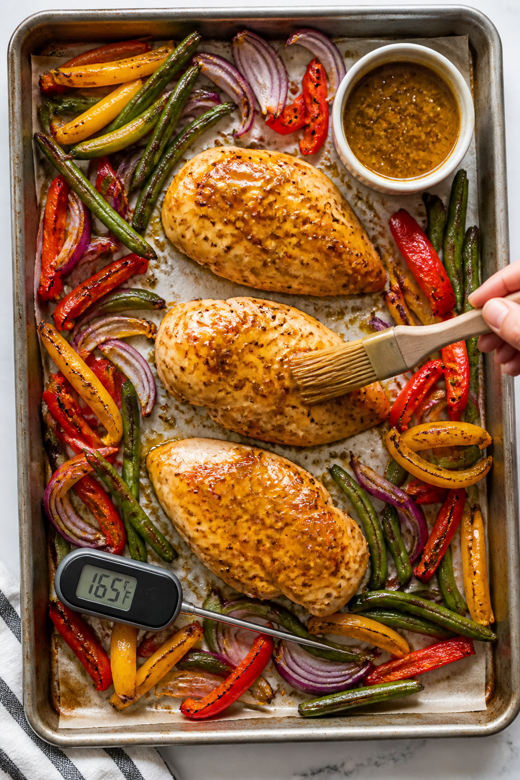 Cooking process: Overhead shot of a parchment-lined sheet pan mid-bake at 400°F—golden, evenly ro