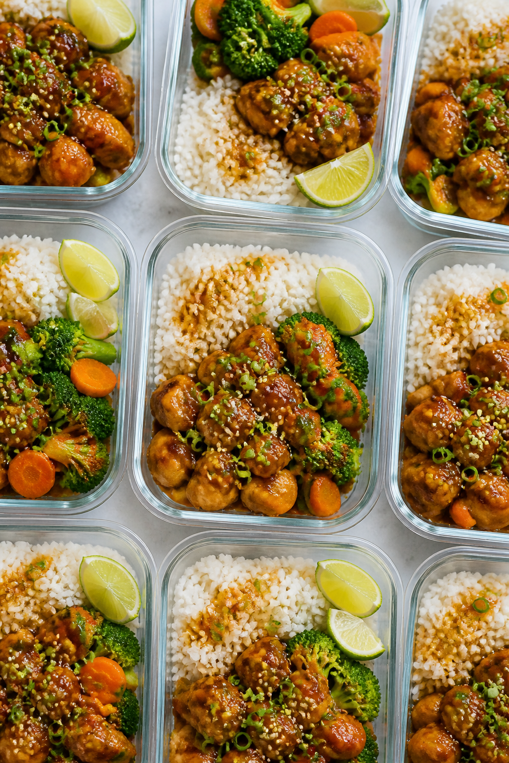 Cooking process: Overhead shot of meal prep assembly—neatly divided containers with fluffy jasmine